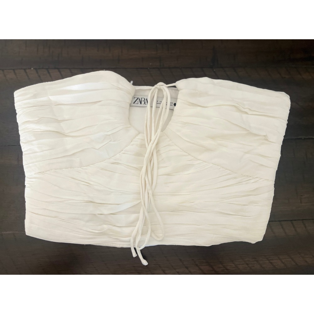 Zara White Ruched Pleated Strapless Crop Top Halter Tie Smocked Back Size Small